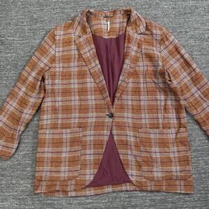 Free People Simply Plaid Blazer Women Large Pomegranite Linen Blend Lined Jacket